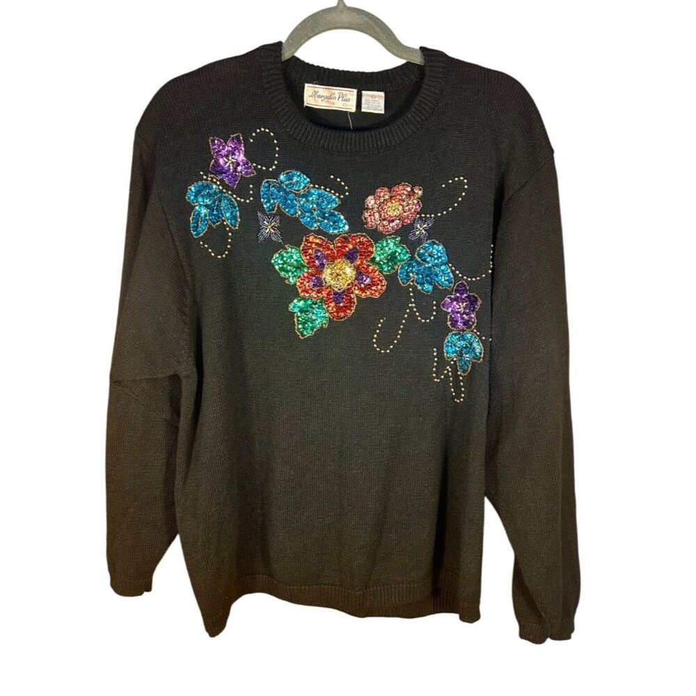 Vintage Womens Lg (estimated) Sweater Black Sequin Floral 80s Old Money